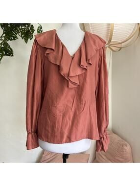 Vintage Elisabetta Sirani 100% Silk Ruffle Blouse M Terracotta Coquette Romantic